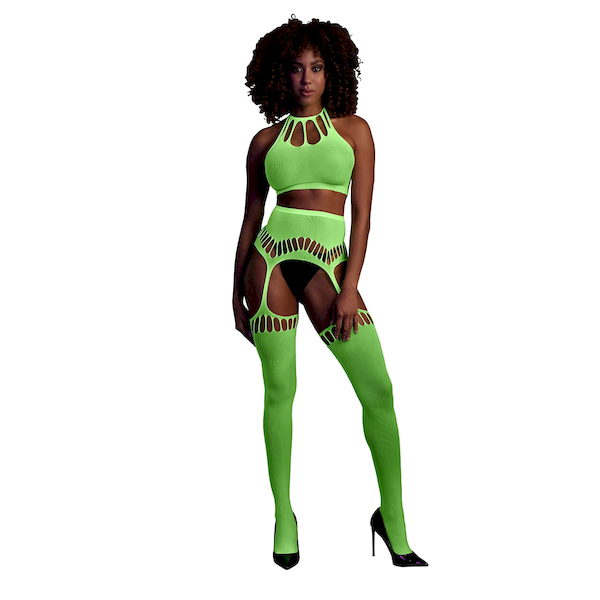 Two Piece with crop top and garter belt neongreen
